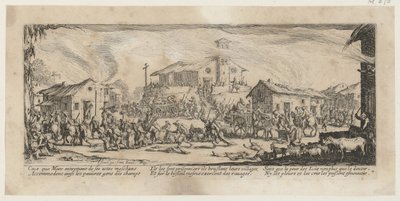Plundring och nedbränning av en by, blad 7 i serien "Krigets fasor" av Jacques Callot