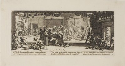Plundring av en stor bondgård, plansch fem från Krigets elände av Jacques Callot