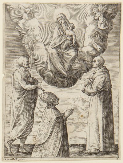 Påven Bonifatius VIII med Sankt Franciskus och Sankt Crispinus som tillber Jungfrun och Jesusbarnet av Jacques Callot