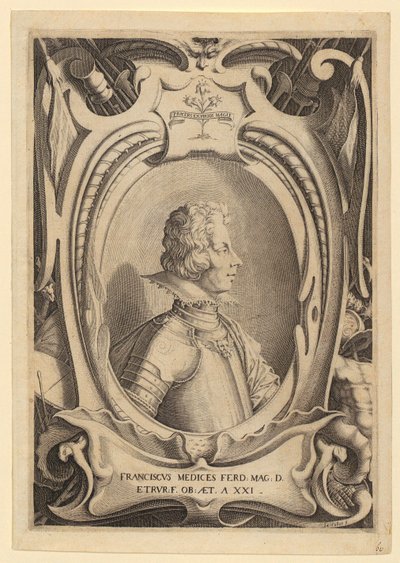 Porträtt av Francesco de’ Medici, blad 2 i serien ”Kopparstickor utförda med anledning av Francesco de’ Medicis begravning” av Jacques Callot