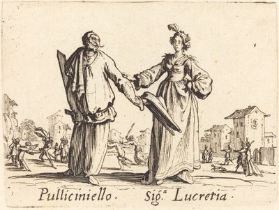 Pulliciniello och Siga. Lucretia av Jacques Callot