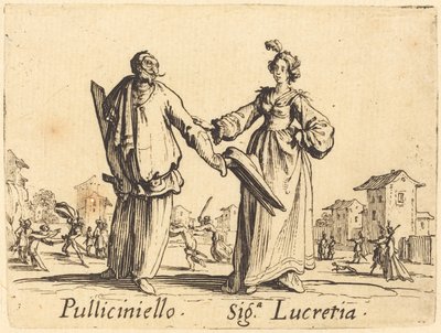 Pulliciniello och Siga. Lucretia av Jacques Callot
