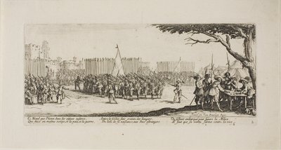 Rekrytering av trupper, skylt två från The Miseries of War av Jacques Callot