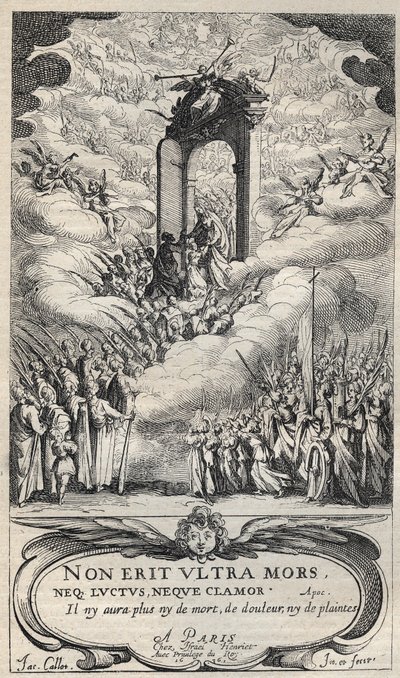 Heliga och helgon som skyndar vid paradisets dörr - komposition och gravyr av Jacques Callot (1592-1635) av Jacques Callot