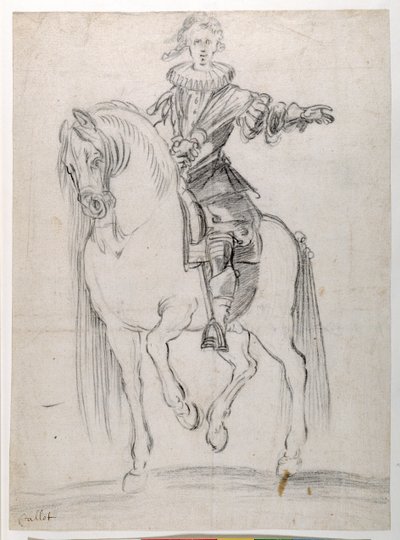 Skiss för Ludvig XIII till häst (svart krita på papper) av Jacques Callot