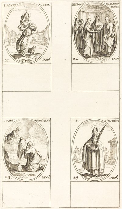 St Agnes; Jungfruns äktenskap; S:t Ildefonsus; Sankt Timoteus av Jacques Callot