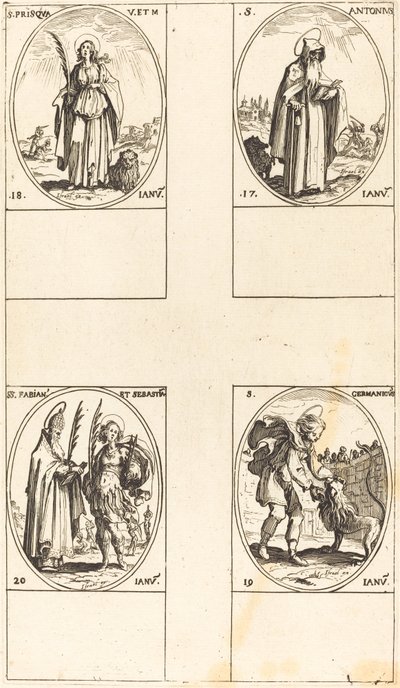 Sankt Antonius; St Prisca; S:t Germanicus; Sts. Fabian och Sebastian av Jacques Callot