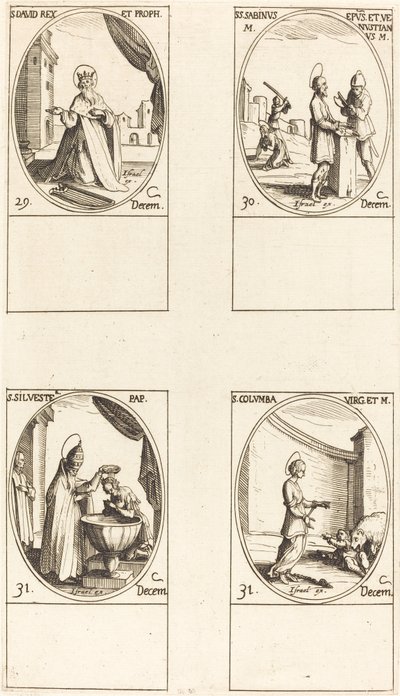 St. David, kung och profet; Sts. Sabinus och Venustiano; St. Sylvester; St. Columba av Jacques Callot