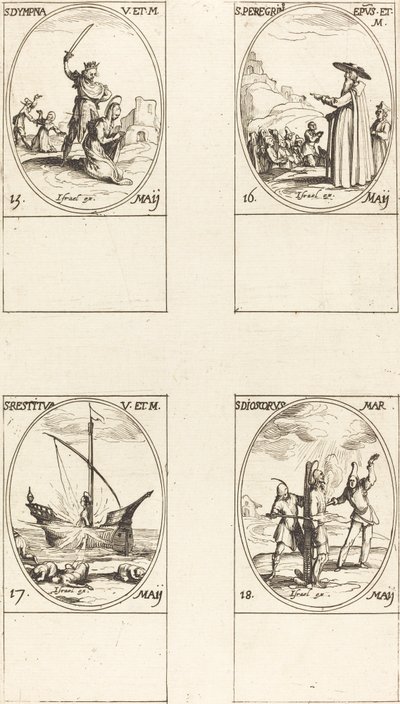 St. Dympna; St. Pilgrim; St. Återställd; St. Dioscorus av Jacques Callot