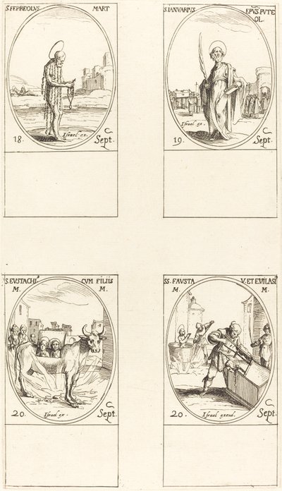 St. Ferreolus, St. Januari, St. Eustace och hans barn, Sts. Fausta & Evelasius. av Jacques Callot