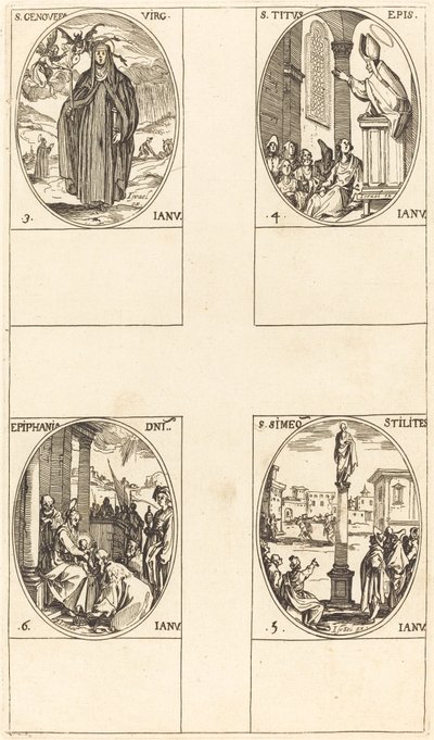 St Genevieve; St Titus; St Simeon Stylites; uppenbarelse av Jacques Callot