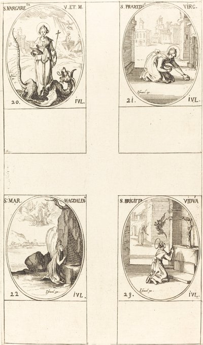 St. Margareta av Antiochia; St Praxedes; S:ta Maria Magdalena; S:ta Birgitta av Sverige av Jacques Callot