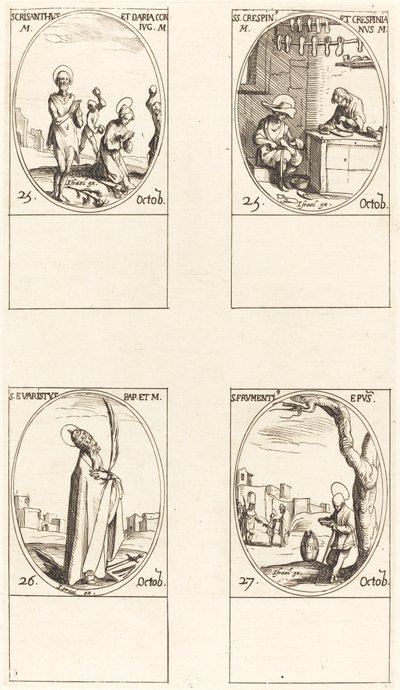 Sts. Chrysanthus och Daria, Sts. Crispin och Crispinianus, St Evaristus, St Frumentius. av Jacques Callot