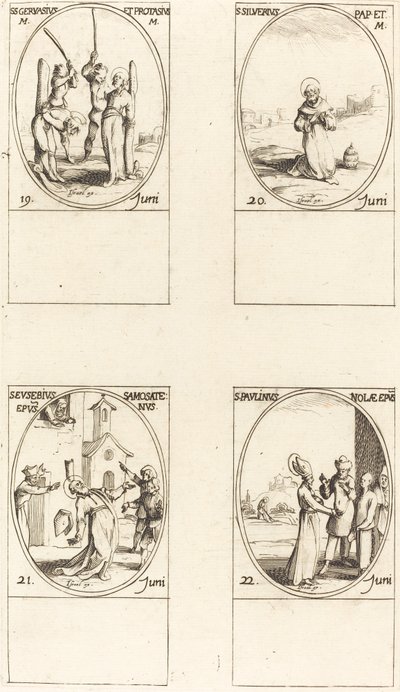 St. Gervase och Protase; S:t Silverius; St Eusebius av Samosata; S:t Paulinus av Nola av Jacques Callot
