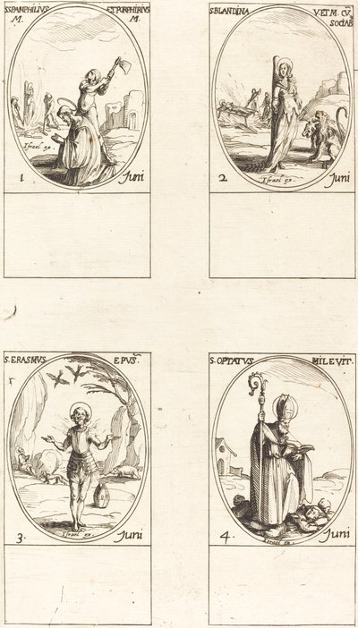 helgon Pamphilius och Porphyry; St. Blandine och följeslagare; St. Erasmus; St. Önskat sig av Jacques Callot
