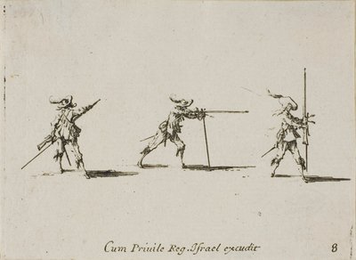Ta skjutpositionen med musköten, skylt åtta från The Military Exercises av Jacques Callot