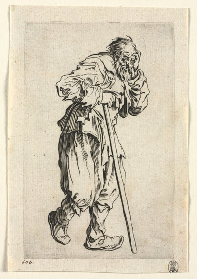 Tiggarna: Tiggare som lutar sig mot en pinne, ca. 1623. av Jacques Callot