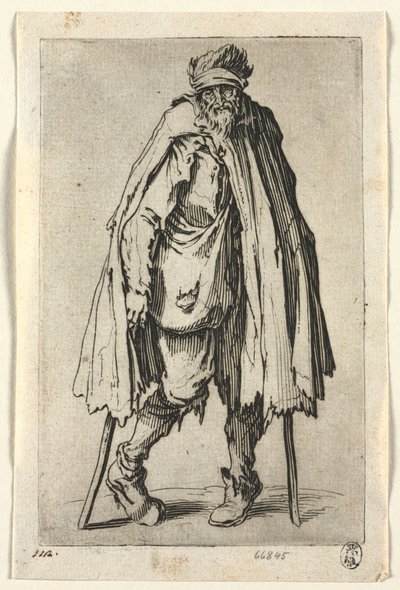 Tiggarna: Tiggare på kryckor med en väska, ca. 1623. av Jacques Callot