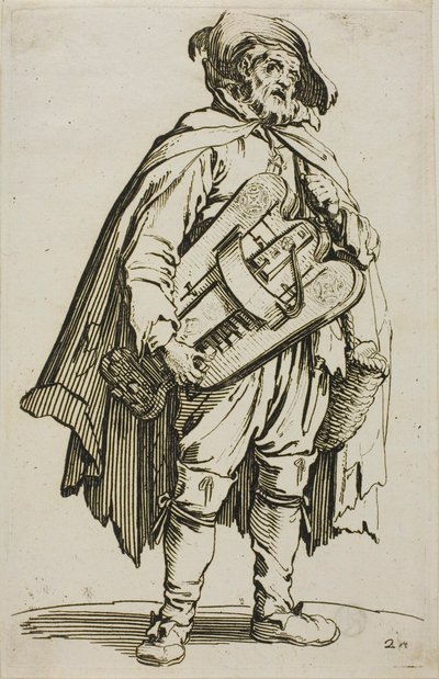 Hurdy-Gurdy Player, tallrik två från The Beggars av Jacques Callot