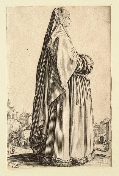 Damen med en stor slöja och en klänning kantad med päls av Jacques Callot