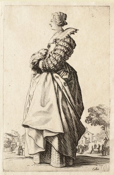 Damen i profil med händerna i muffen av Jacques Callot