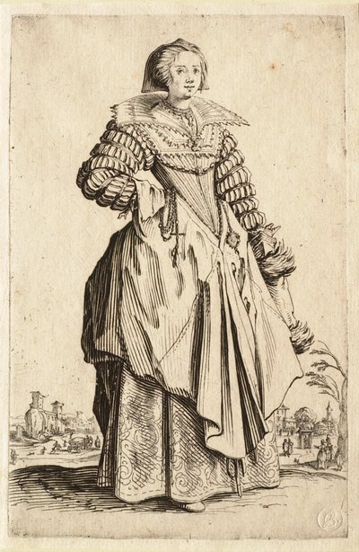 Damen med den stora kragen och huvudbonaden som faller bakåt av Jacques Callot