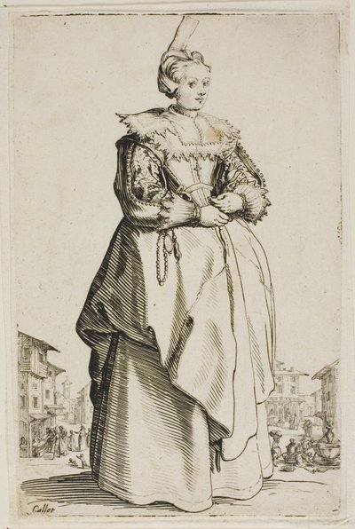 Damen med den lilla upphöjda mössan, plansch ett från La Noblesse av Jacques Callot