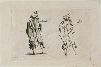 Mannen sedd bakifrån, högerarm upphöjd, från The Caprices av Jacques Callot