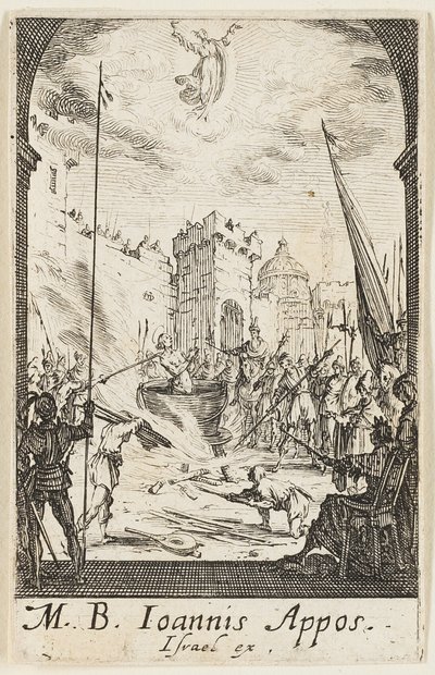 Johannes evangelistens martyrdöd, plansch fem ur Apostlarnas martyrdöd av Jacques Callot