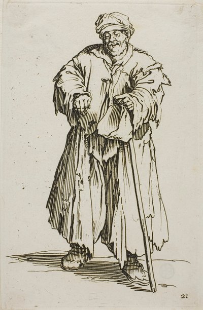 The Obese Beggar with Lowered Eyes, skylt 21 från The Beggars av Jacques Callot