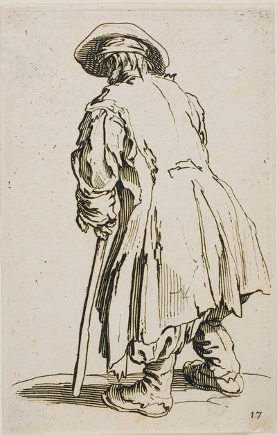 The Old Beggar Leaning on his Crutch, tallrik sjutton från The Beggars av Jacques Callot