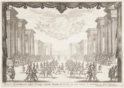 Tredje intermezzot, Slaget stoppas av kärlekens ankomst med hennes Cortege av Jacques Callot