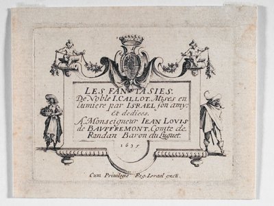 Titelsida till Les Fantaisies ... (etsning) av Jacques Callot