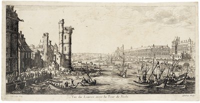 Vy från floden Seine mot Louvren till höger ... (etsning) av Jacques Callot