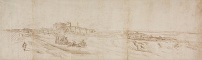 Utsikt över Castello Bracciano, nära Rom med buss och figurer av Jacques Callot