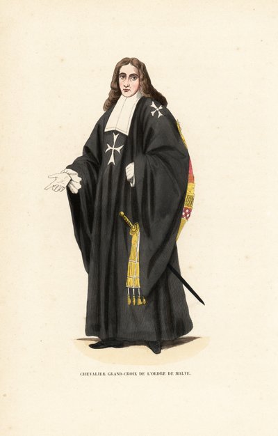 Grand Cross of the Knights Hospitaller, Order of Malta, Order of Knights of the Hospital of Saint John of Jerusalem, Chevalier Grand-Croix de l’Ordre de Malte. Handkolorerad trästicksgravyr efter en illustration av Jacques Charles Bar från Abbot Tiron
