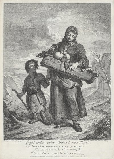 En ung mamma som bär en spjälsäng av Jacques Dumont Le Romain, finished by Jean Daullé