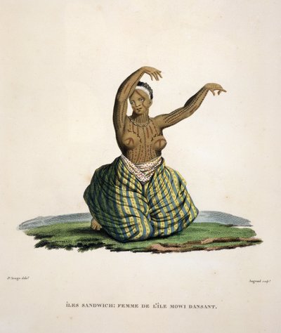 Dansande kvinna från ön Maui, på Hawaiiöarna, graverad av Parfait Augrand (f.1782) av Jacques Etienne Victor Arago