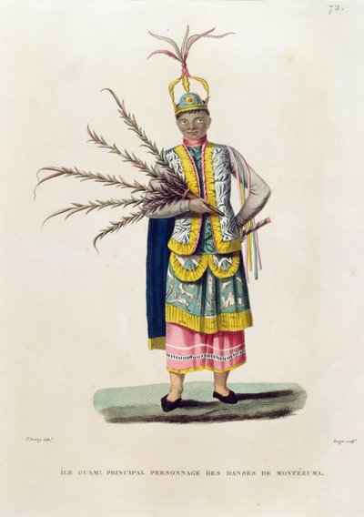 Island of Guam: Huvudperson från Montezumas danser, från "Voyage Around the World on the Corvettes of Urania 1817-20" graverad av Roger, publicerad 1825 av Jacques Etienne Victor Arago