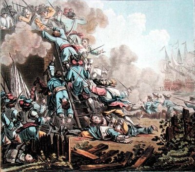 Fångst av fortet San Salvador, Sicilien (1674), graverad av Jean Baptiste Morret (fl.1790-1820) av Jacques Francois Joseph (after) Swebach