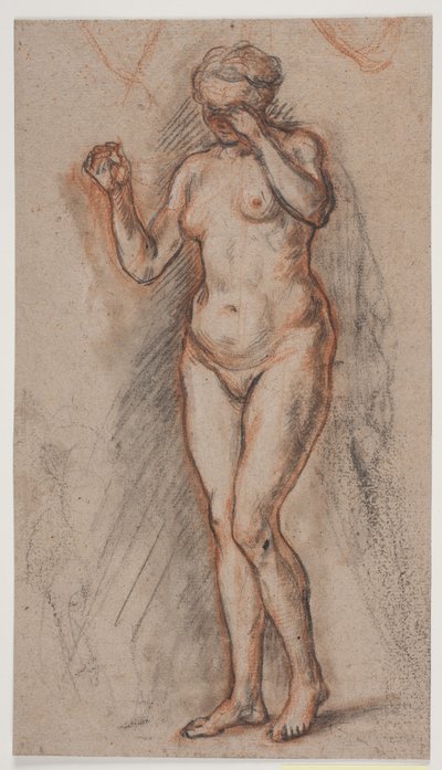 Kvinnlig modellfigur med upphöjda armar, vänster framför ögonen. av Jacques Francois Joseph Saly