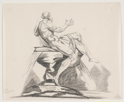 Manlig skäggig figur i dräkter sedd bakifrån på en fontän av Jacques Francois Joseph Saly