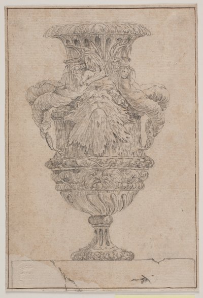 Prydnadsvas med stort huvud, havsgud och vattennymf. Kopia efter Pl. 26 i sviten med vaser designade av Saly 1746. "Vasa a se inventa..." av Jacques Francois Joseph Saly