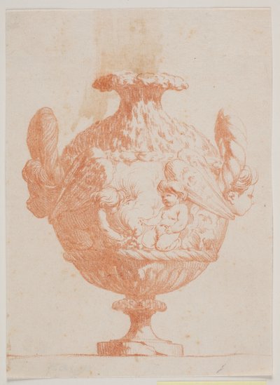 Dekorativ vas med två huvuden och två putti. Kopiera enligt pl. 19 i sviten med vaser designade av Saly 1746. "Vasa a se inventa..." av Jacques Francois Joseph Saly