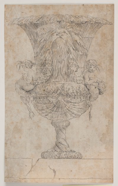 Dekorativ vas med två putti (sjöjungfrur?). Kopia efter redigering (pl. 9) i sviten av vaserna tecknade av Saly 1746. "Vasa a se inventa..." av Jacques Francois Joseph Saly