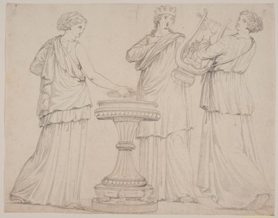 Tre kvinnor i grekiska dräkter vid ett altare. Kvinnan t.v. med en tablett (?), i mitten med en krona, t.h. med en lyra (terpsichore?) av Jacques Francois Joseph Saly