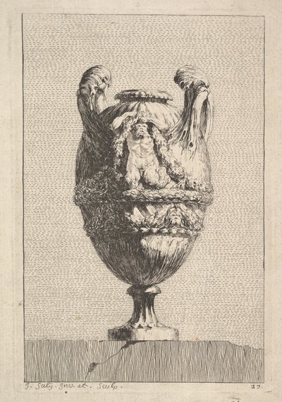 Vas med en manlig siren som håller upp en girland, från: Vaser, 1746. av Jacques Francois Joseph Saly
