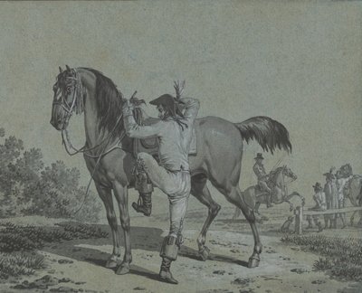 Man som sätter sig på en häst, . av Jacques Francois Joseph Swebach