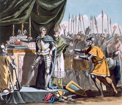 Den historiska dagen i Bouvines år 1214, graverad av Jean Baptiste Morret (fl. 1790-1820), 1790 av Jacques Francois Joseph Swebach
