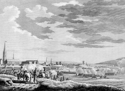 Franska revolutionens krig och antirevolutionära rörelser: Fransk seger i slaget vid Hondschoote nära Dunkerque mot de brittiska och österrikiska antirevolutionära trupperna 1793. Gravyr av Berthaut efter Swebach. Paris, Institutets bibliotek av Jacques Francois Joseph Swebach